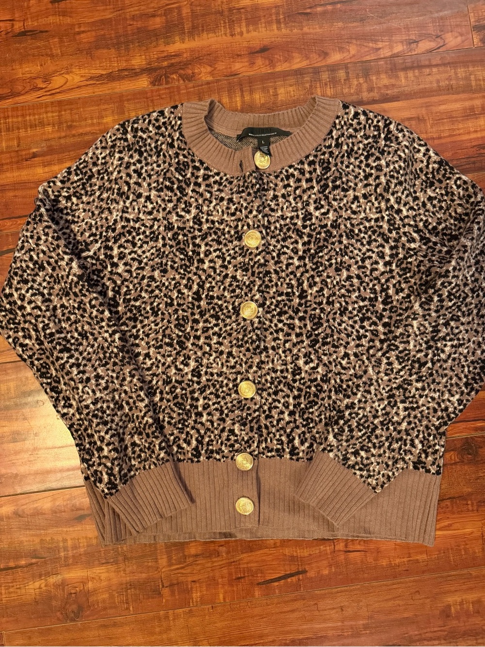 White House Black Market Leopard Print Cardigan Sweater Gold Buttons Size L